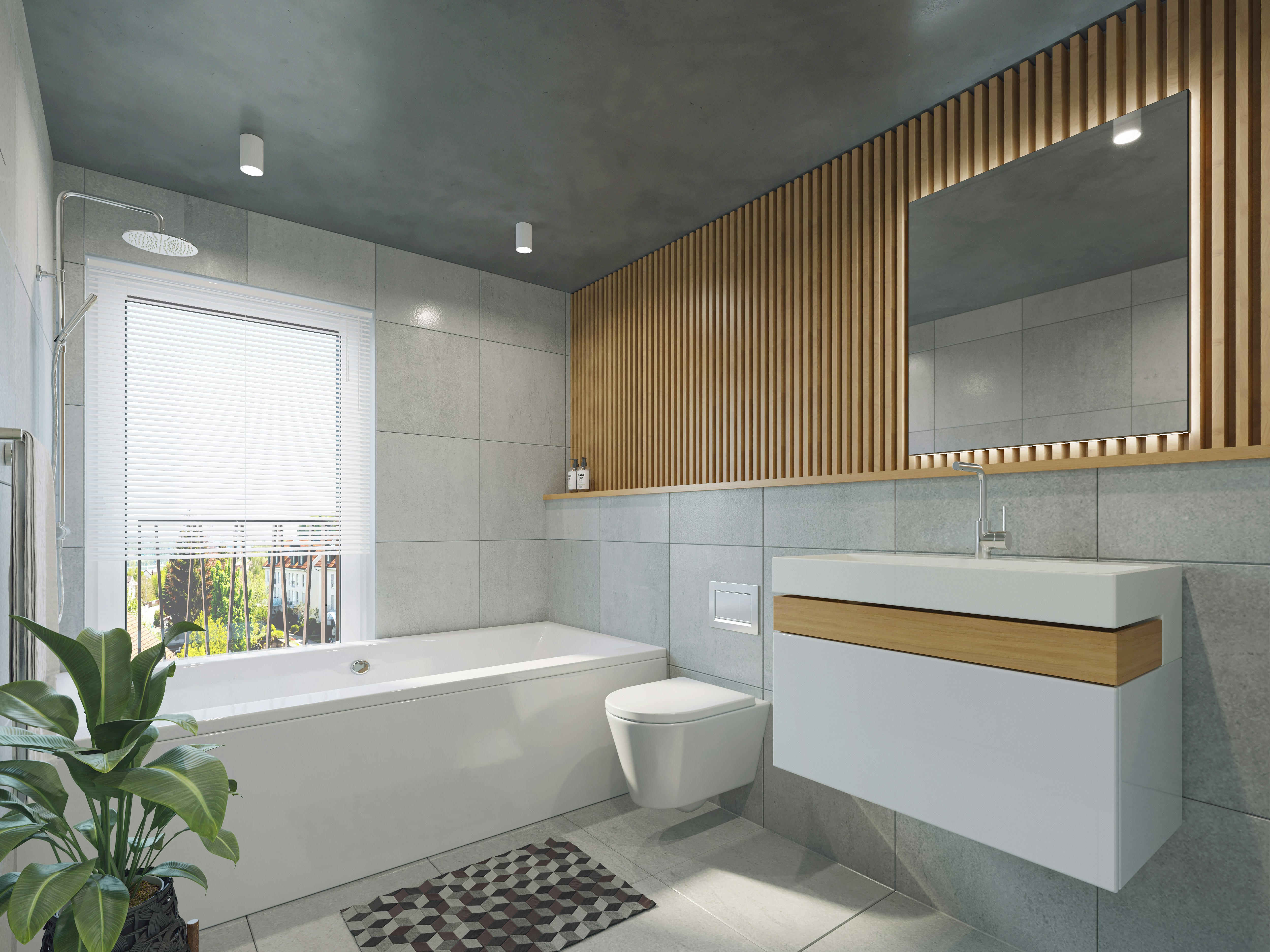 Modern bathroom design with grey tiles and wood accents