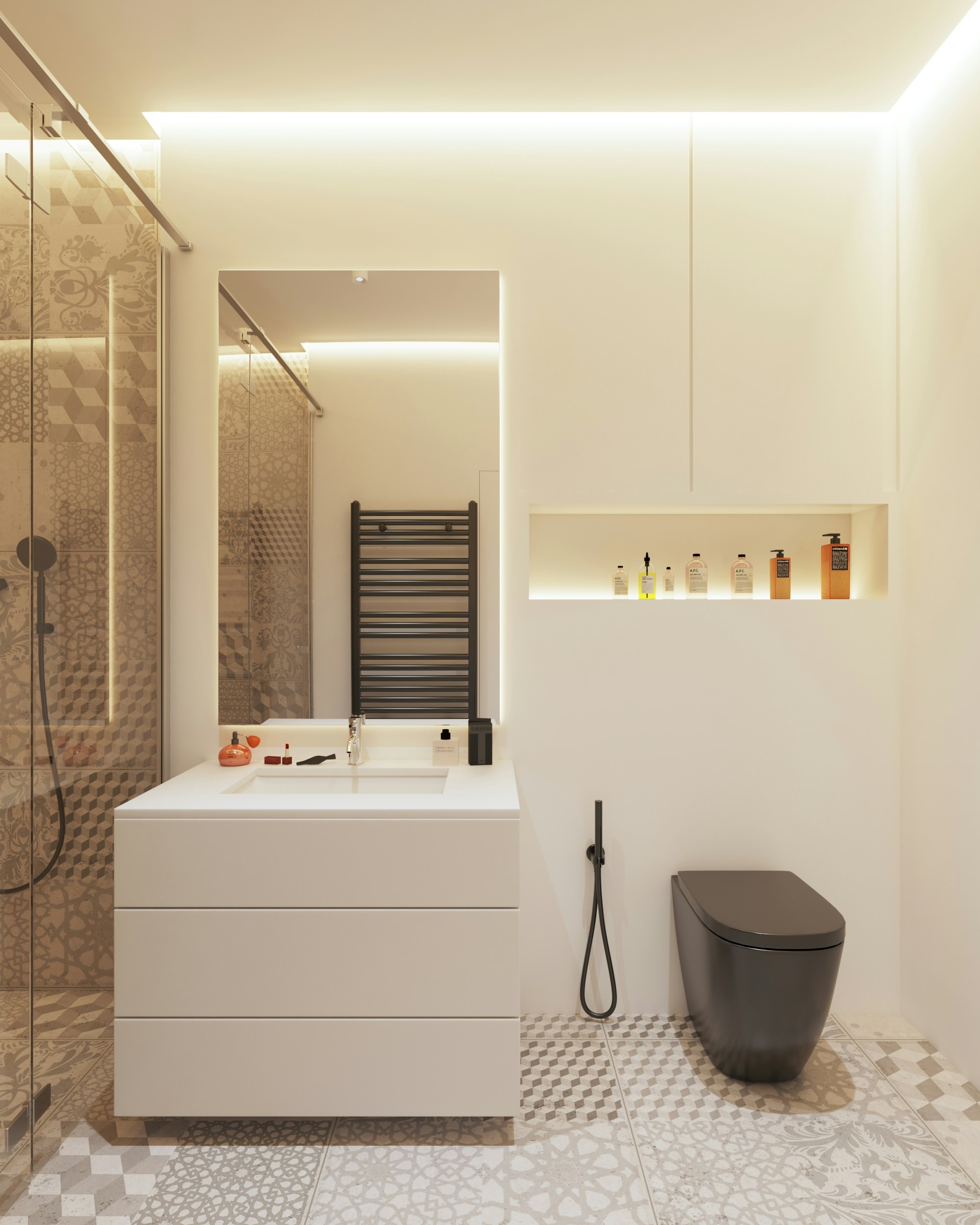 Stylish bathroom with designer tiles and illuminated shelving