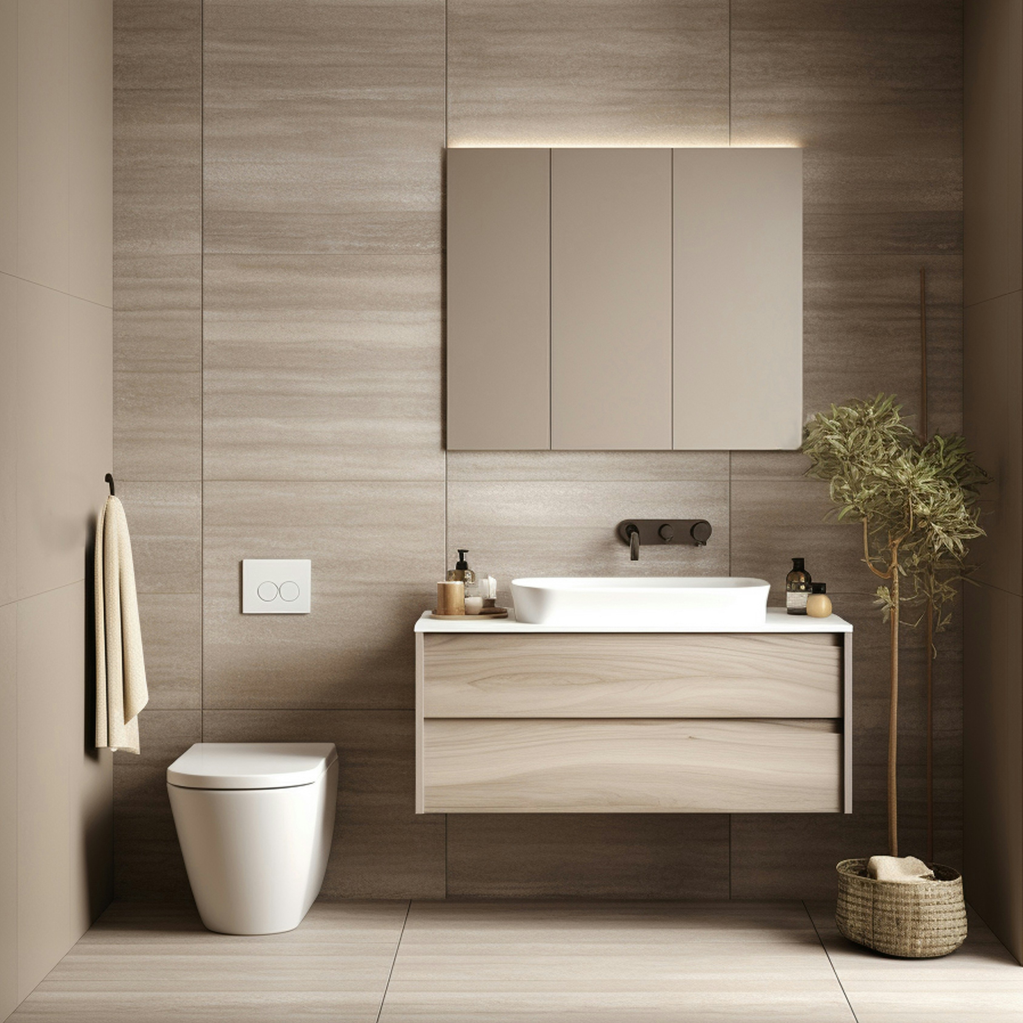 Luxury bathroom with floating vanity and warm wood tones